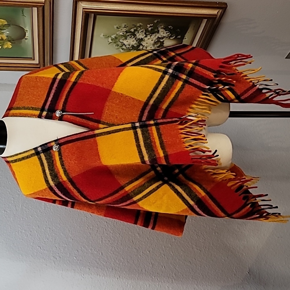 Wool feel  poncho yellow orange and red plaid with fringe Fall Autumn Americana